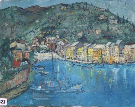 20th century French School, oil on canvas, Mediterranean harbour scene, 36 x 45cm, unframed